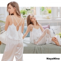 【Naya Nina】白色緞面蕾絲美背居家長褲組(NA19100105)