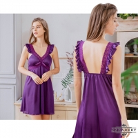 【ANNABERY】大尺碼 浪漫紫荷葉蕾絲柔緞連身性感睡衣裙(NY16020025)