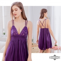 【ANNABERY】大尺碼 迷情深紫交叉美背緞面刺繡蕾絲性感睡裙(NY14020060)